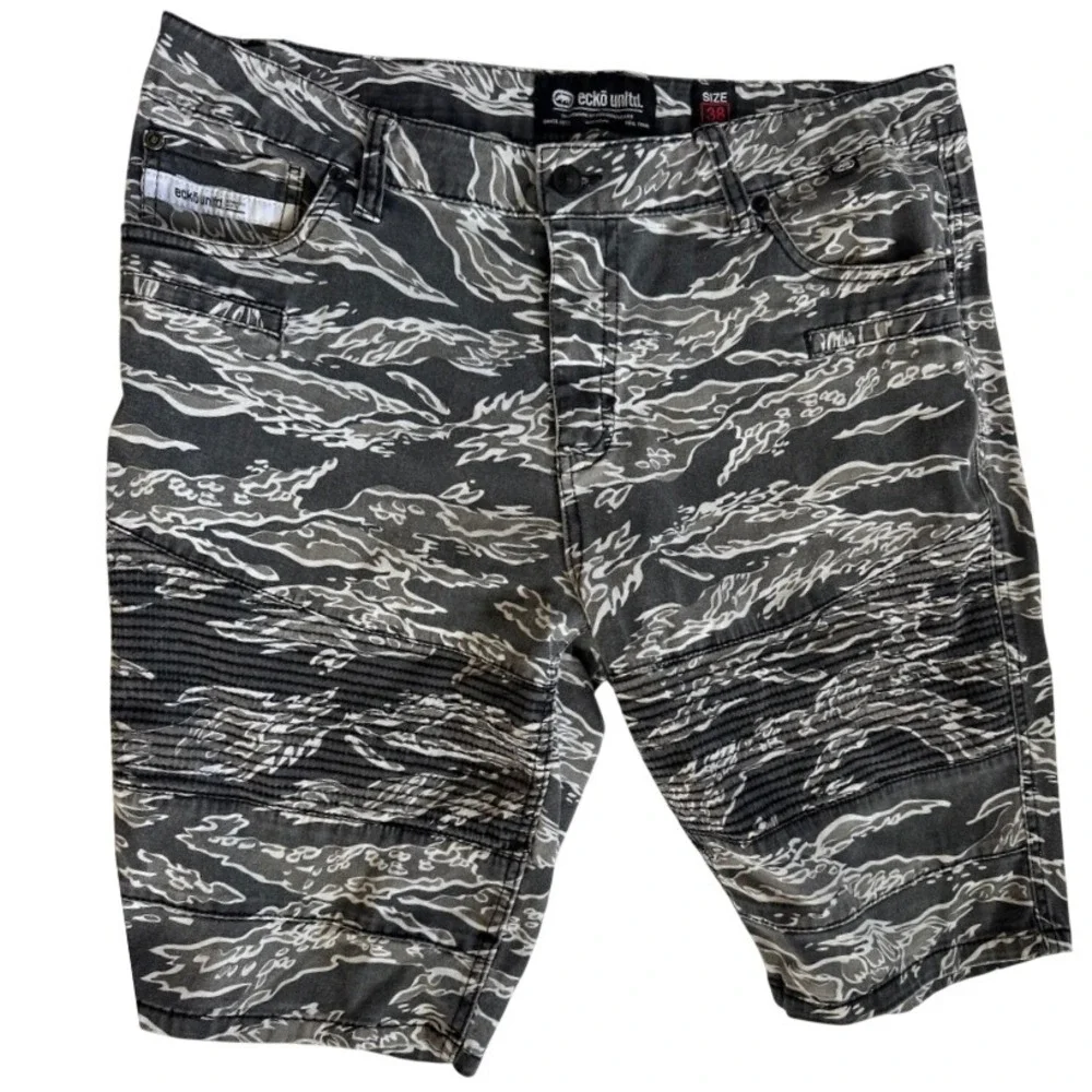 Ecko Unltd Mens Tiger Camo Moto Denim Shorts Streetwear Size 38 utility Y2K